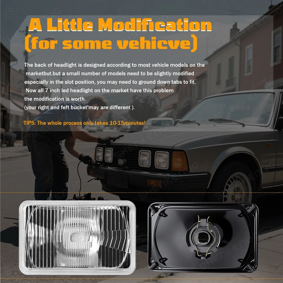 Juego de faros de bombilla de metal con lente de vidrio cristalino halógeno de 4X6" H4 Foto 3 de 4