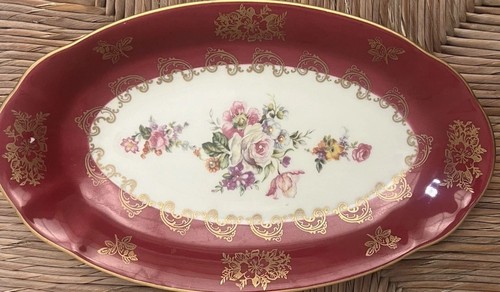 Ligne Limoise Couleuvre vergoldet 9 Zoll OVALE SCHALE Vintage rot weiß Blumenmuster - Bild 9 von 17