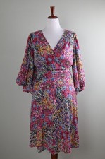 CALVIN KLEIN NWT 118 Shirred Waist Printed V-Neck Puff Sleeve Dress Size 12