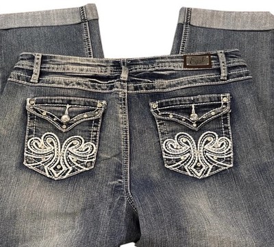 Women's Earl Cuffed Ankle Denim Blue Jeans Rhinestones White Stitching Size 12