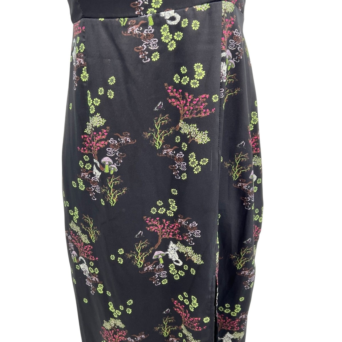 Urban Outfitters Mikayla Floral Midi Dress Cat Print Satin Black Size Small View 4