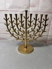 Tree of Life Menorah Gold Tone Hanukkah Threshold Iron 9 Taper Candle Holder