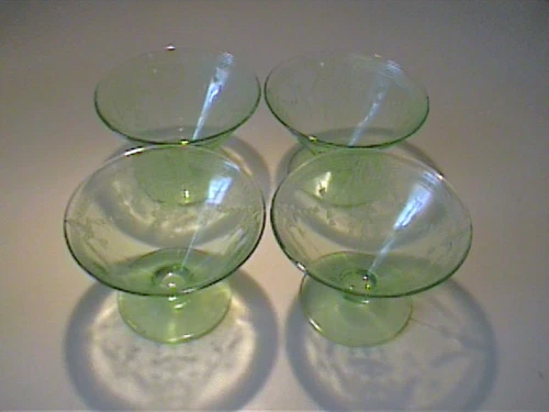 FOUR VINTAGE 1931 URANIUM GREEN ROSE CAMEO SHERBET BOWLS -  DEPRESSION GLASS