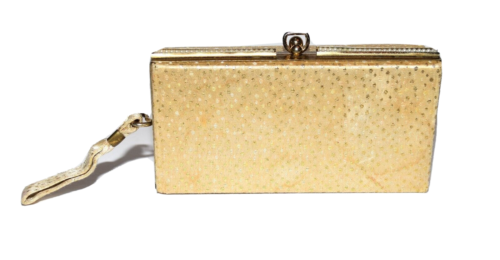 Vintage Grifflon Gold Speckled Fabric Faux Pearl Top Trim Makeup Bag Wristlet  - Afbeelding 1 van 8