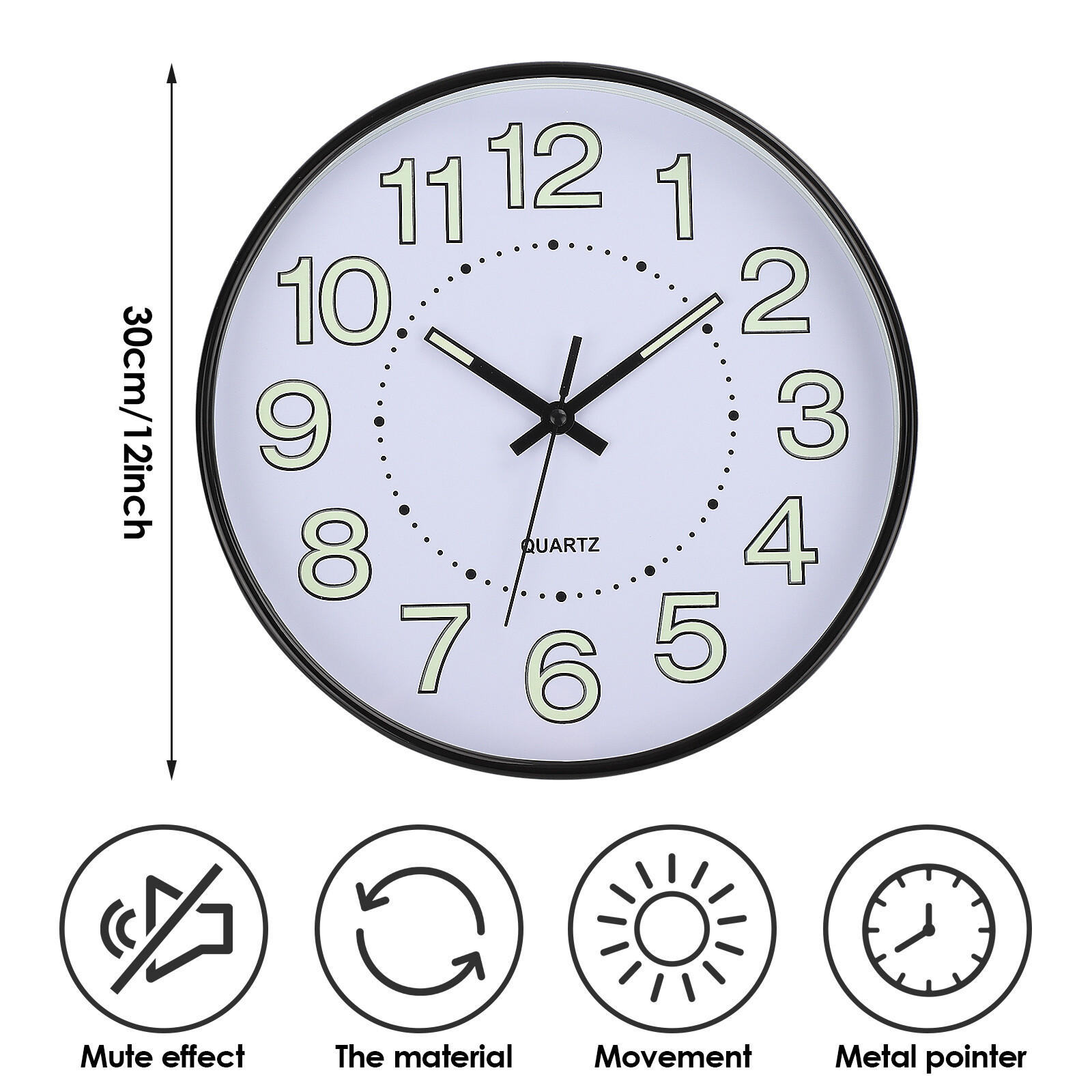 12" Round Luminous Wall Clock Glow In The Dark Night Light Silent