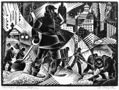 Chicago Snow Storm by Charles Turzak   Woodcut Cityscape Print to Frame