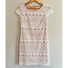 Eliza J Scalloped Lace Mini Dress Womens Size 4 White Tan Crochet Cocktail Party