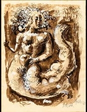 MILTON HEBALD WATERCOLOR  WASH OF A MERMAID , PEN INK PAINT FREE SHIPPING!!