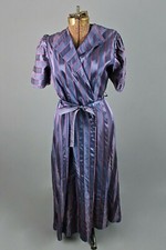 VTG Women's 50s Blue Satin House Dress / Nightgown W Red Stripes Sz S/M 1950s