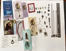 Religious Items Lot of 34 Metals, Pins, Pray Books, Chains w/metals And More