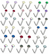 Pair 18G 20G Nose Rings Ring L Shape Bend Prong Crystal Stud Clear 2mm 3mm CZ