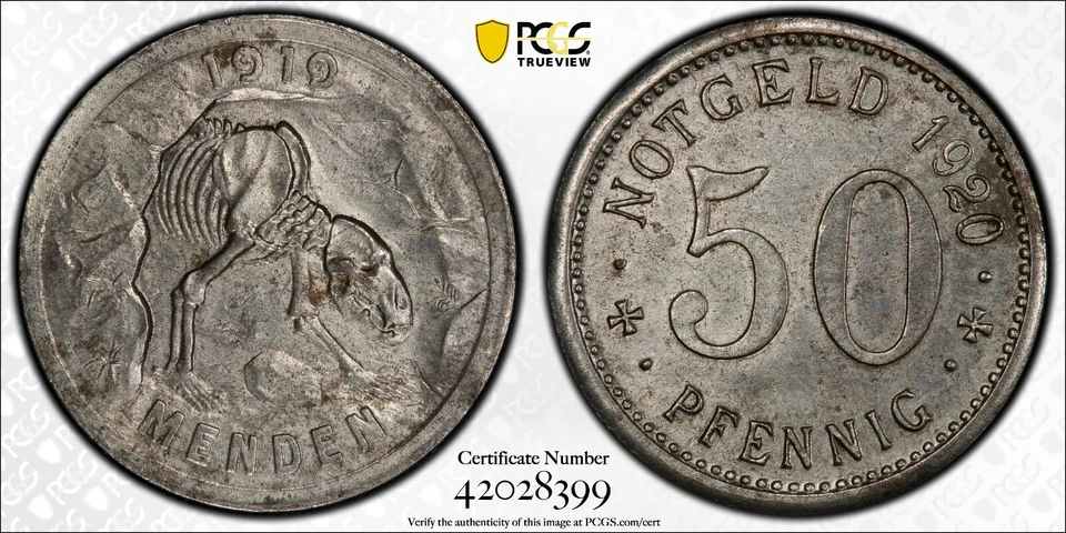 1920 Germany 50 Pfg Cave Bear Skeleton PCGS MS62 Funck-328.12A Menden Iron 8399 - Image 3 of 3