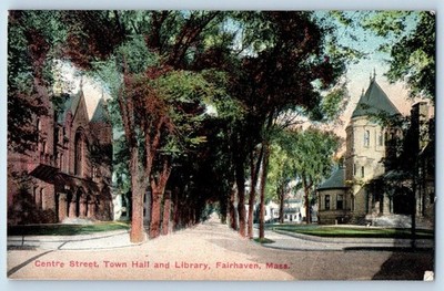 Fairhaven Massachusetts Postcard Centre Street Town Hall Library c1910 Vintage