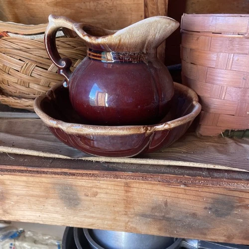 Vintage McCoy Pitcher and Bowl Set Brown Glaze Drip Pottery 7528 7523