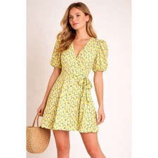 Gianni Bini Lemon Print Eyelet Wrap Dress Yellow White Size 4 Short Puff Sleeve