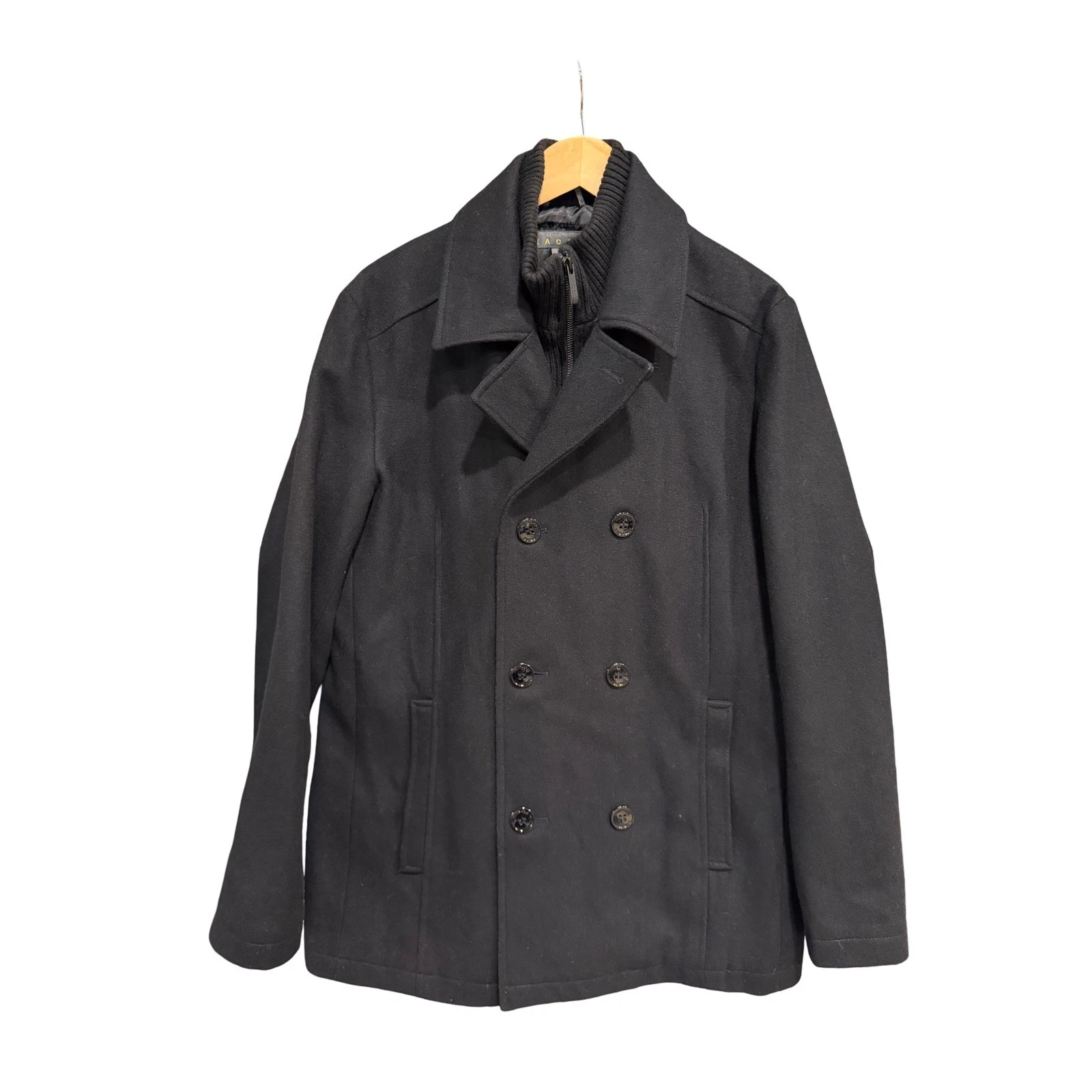 Kenneth Cole Reaction Mens Peacoat Jacket M Black Double Breasted Knit Bib Coat image 5