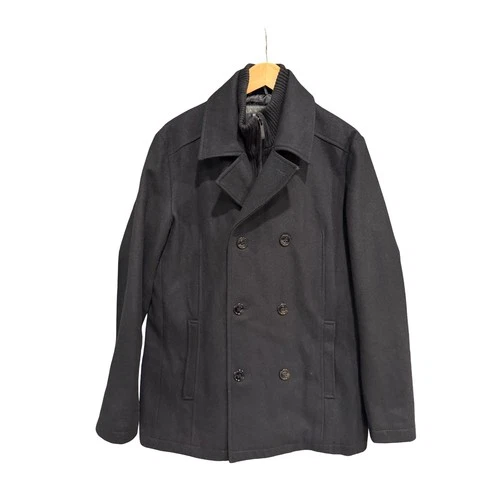 Kenneth Cole Reaction Mens Peacoat Jacket M Black Double Breasted Knit Bib Coat image 5