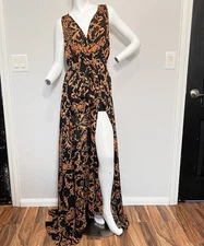 New Dolcessa L Baroque Maxi Dress Black Orange Slit Sheer Overlay EU made Luxury
