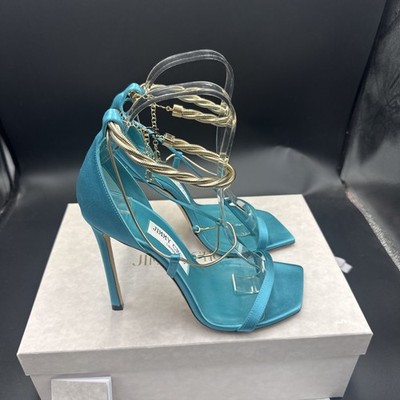 Jimmy Choo Oriana 110 Malibu Blau Satin Riemchen Sandalen High Heels UK 5 EU 38