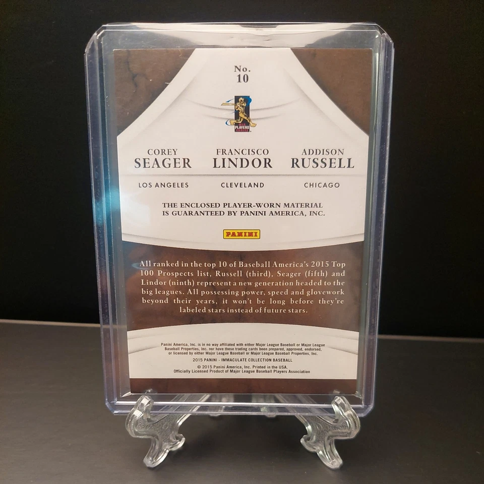 2015 Panini Immaculate Collection #10 Seager/Lindor/Russell Triple Patch 09 /25 - Image 2 of 3