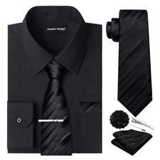 Solid Colors Mens Dress Shirt and Tie Set Formal Business Wedding Shirts Long...
