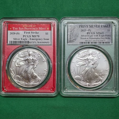 2025 P Privy 2020 S American Silver Eagle $1 First Strike 1oz .999 PCGS MS70 69