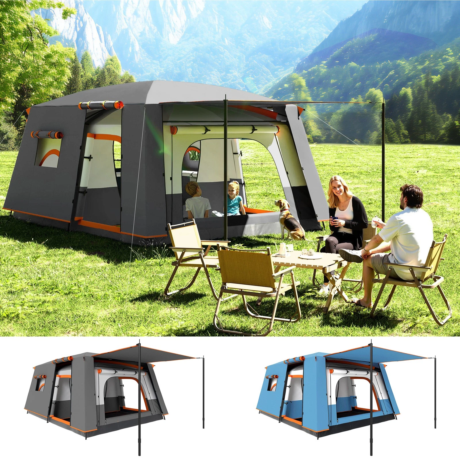 4 Man Camping Tent with 2 Bedroom and Porch, 3000mm Water Resistant