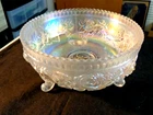 Vintage Imperial Carnival Glass White Lustre Open Rose 7 1/2"  3 Footed Bowl