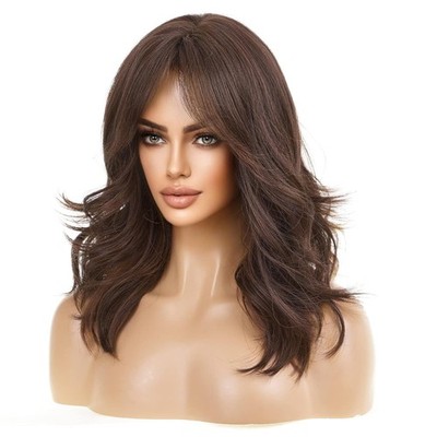 HAIRCUBE Lange Braune Perücken für Damen, Synthetische Perücken mit Pony
