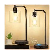 Set of 2 Industrial Touch Control Table Lamps with 2 USB Ports and AC Outlet ...