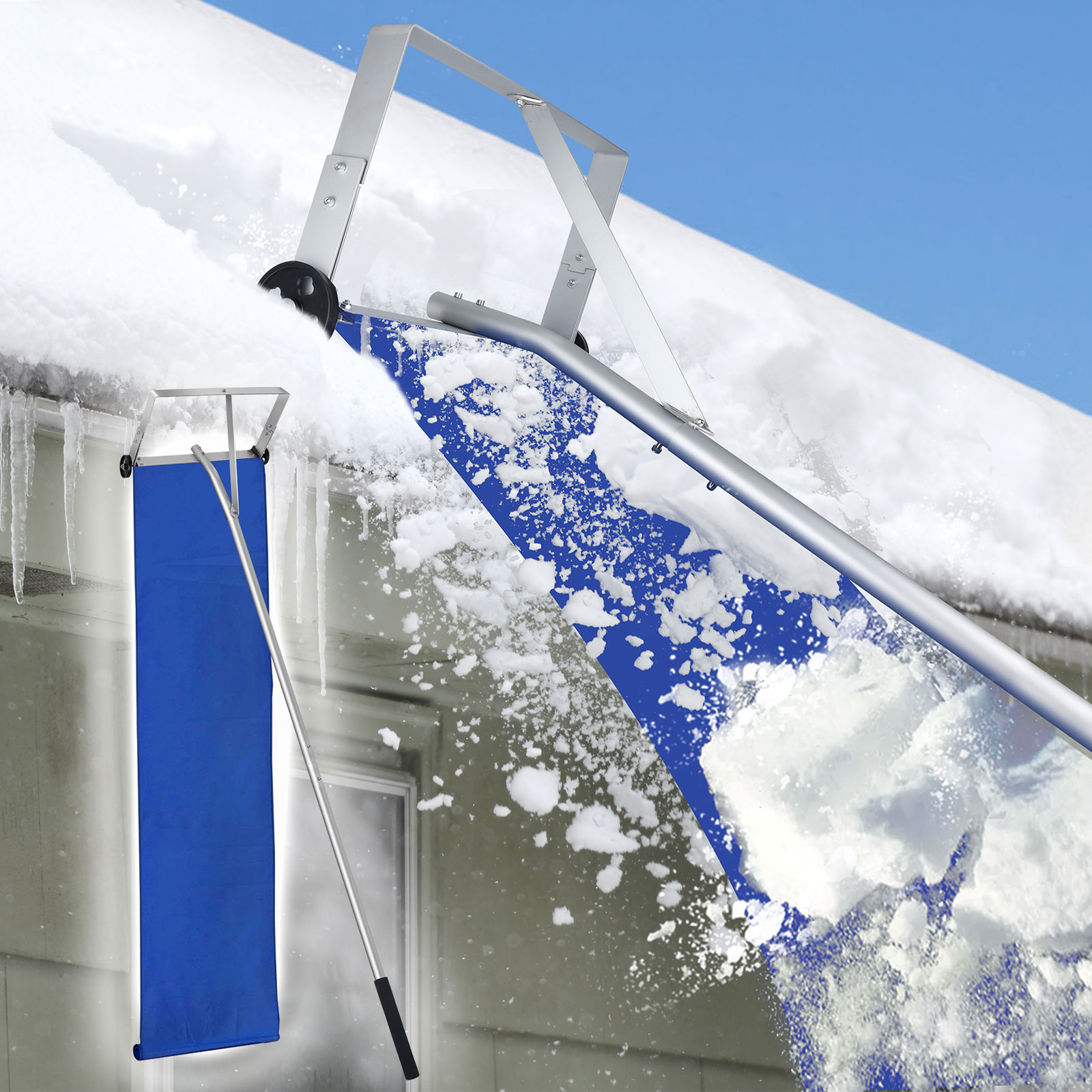 Snow Roof Rake 20ft Reach Aluminium Roof Shovel w/ Wheels+ Slide Cloth