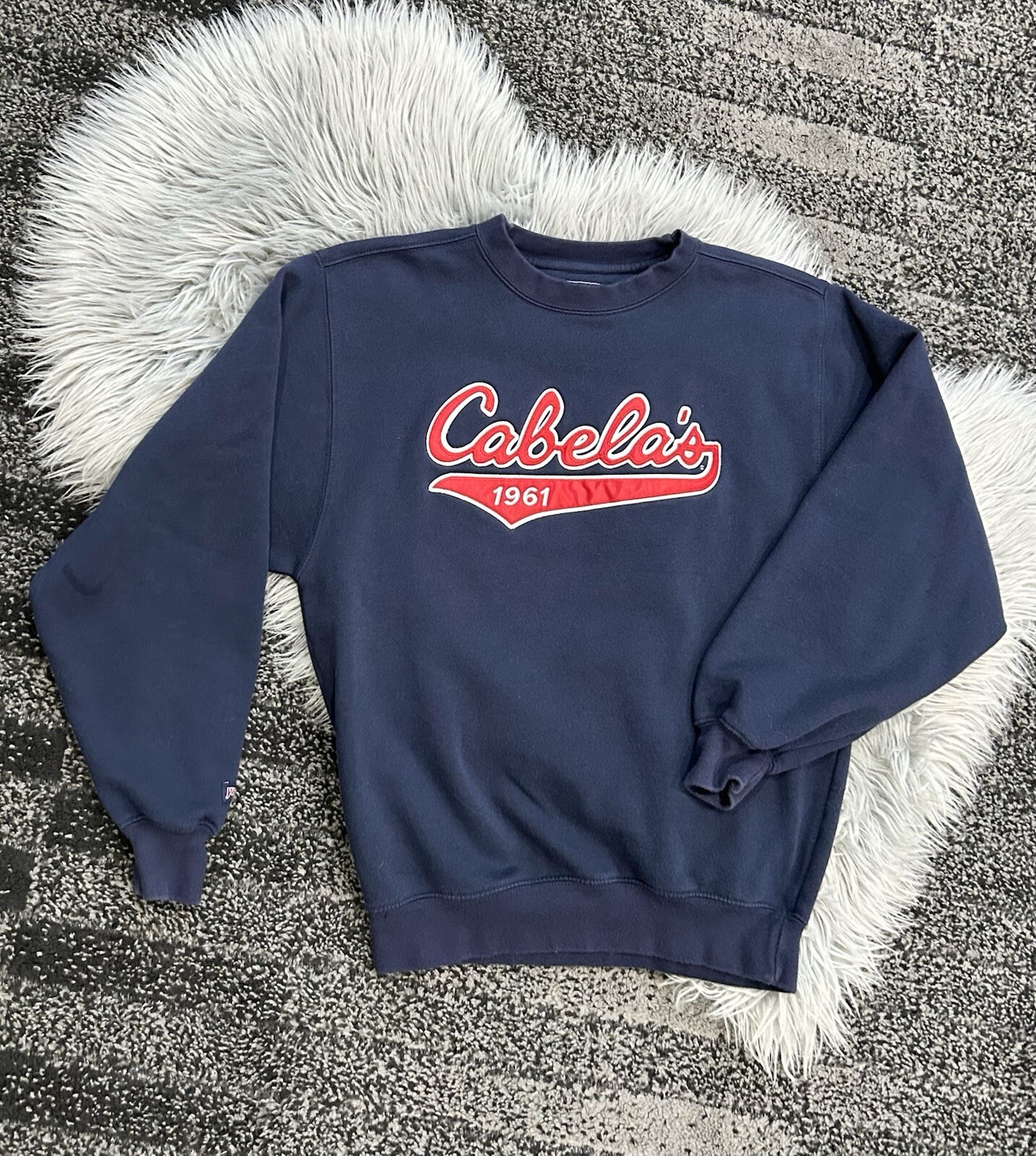 Cabelas Navy 1961 Embroidered Sweatshirt With Red Words And Swoosh Size Small