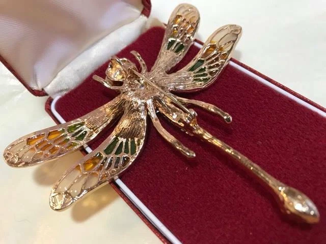 Large Vintage Style Jewellery Enamel Amber Crystal DRAGONFLY Statement Brooch - image 4 of 4