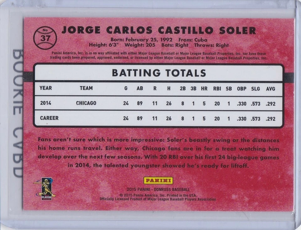 JORGE SOLER ROOKIE CARD 2015 Donruss RATED RC Cubs ATLANTA BRAVES WS MVP! - Image 2 of 2