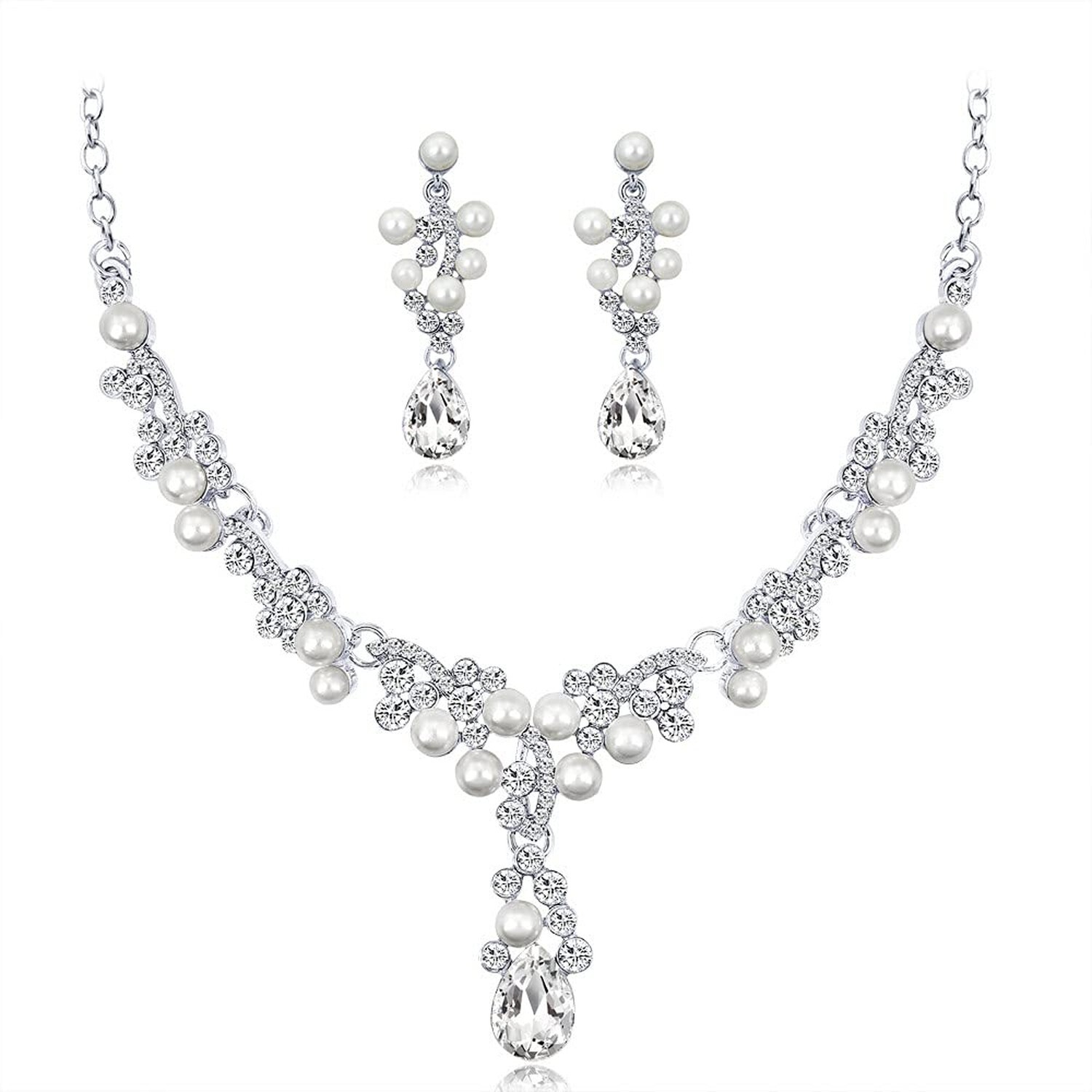 Octwine Bride Crystals Rhinestones Pearls Necklace Earrings Set Bridal Weddin...