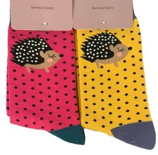 Hedgehog Socks Ladies Hedgehogs Hot Pink Yellow 2 Pair Multi Pack Bamboo Cotton
