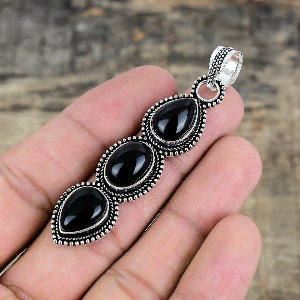 Pendente In Argento Sterling 925 Fatto A Mano In Onice Nero Per Natale - Immagine 3 di 4