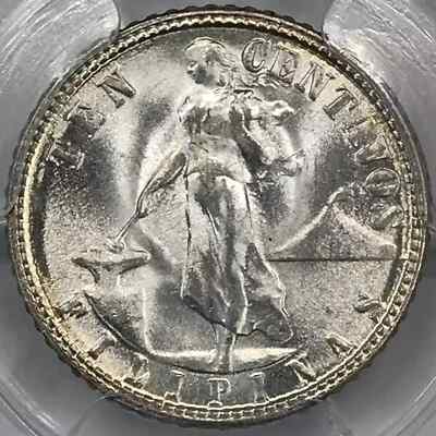 1945 D US Philippines Silver 10 Centavos PCGS MS-67 Rainbow Toning