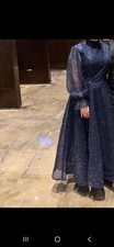 Elegant Navy Blue Sequin Evening Gown Modest A-Line with Sheer Sleeves