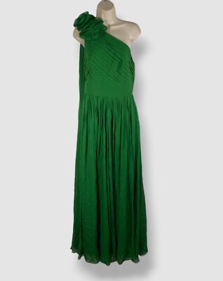 $3556 Elie Saab Women Green One-Shoulder Drape Ruffle-Neck Georgette Gown Sz 44