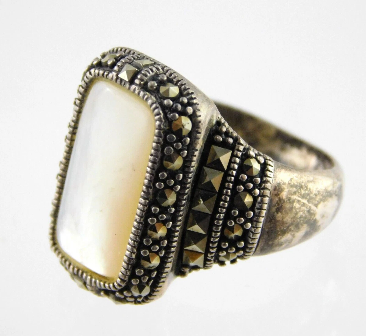 Sterling Silver Mother of Pearl Marcasite Ring 925 Size 6 925A China Vintage