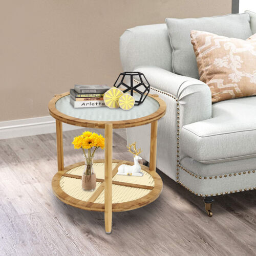 Round Coffee Table,Wood Living Room Table 2 Tier Indoor End Table Free Standing - Picture 7 of 17