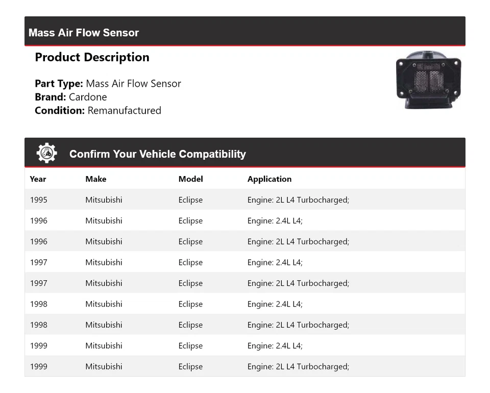 Sensor de flujo de aire masivo Cardone 1996 1997 1998 para Mitsubishi Eclipse 1995-1999 Foto 2 de 4
