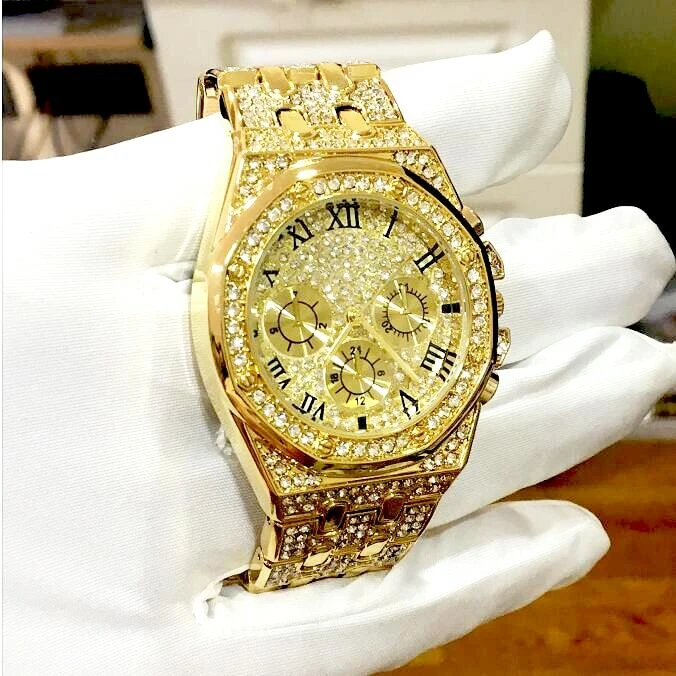 Reloj De Pulsera Lujo De Hombre Cuarzo Oro Diamantes Cuadrado Resistente Al  Agua