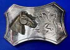 Horse Head On Engraved Vintage Western Flower Swirl Design Belt Buckle