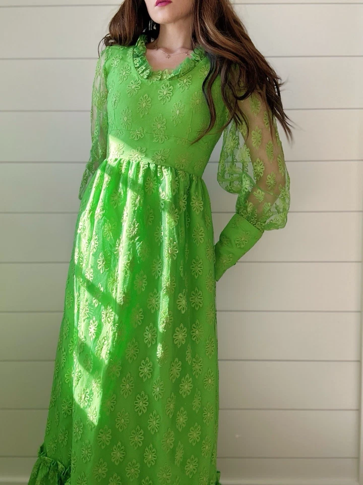 Maxi Vestido Vintage Años 70 Flower Power Manga Julieta Verde Lima Dama de Honor Foto 3 de 4