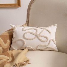 Coquette Bow Tufted Throw Pillow Cover 12x 20, Boho Neutral Linen Pillow Cush...