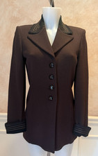 ST JOHN Collection Brown Knit Jacket Black Faux Suede Trim Collar Cuffs Size 4