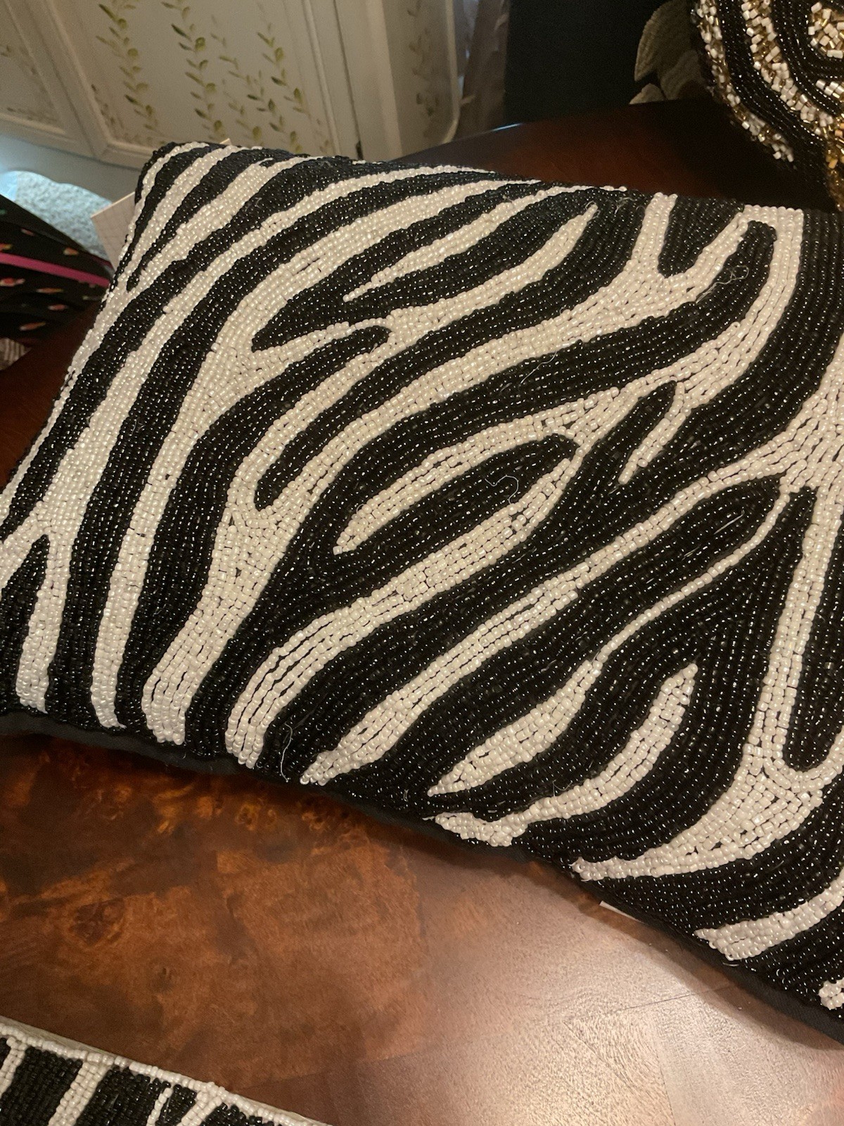 Mireille Designs Print Black And White Beaded Decorative Pillow NEW 14"