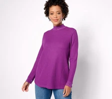 LOGO by Lori Goldstein Women's Top Sz S Metallic Waffle Knit Mock Purple A627095